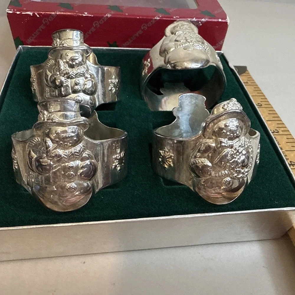 Reed Barton Vintage Italian Silver R925 Santa Snowman Napkin Ring Set 4 1428/4